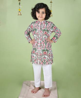 White cotton woven Long sleeve kurta pyjama for boys 1