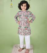 White cotton woven Long sleeve kurta pyjama for boys