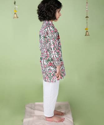 White cotton woven Long sleeve kurta pyjama for boys 3