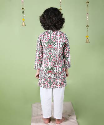 White cotton woven Long sleeve kurta pyjama for boys 4