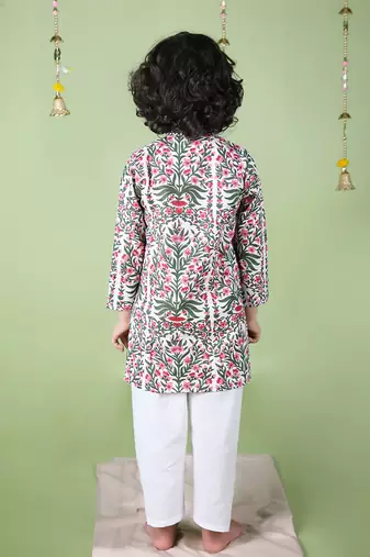 White cotton woven Long sleeve kurta pyjama for boys