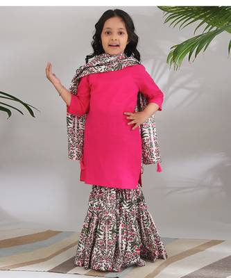 Pink cotton woven sharara set For girls 1