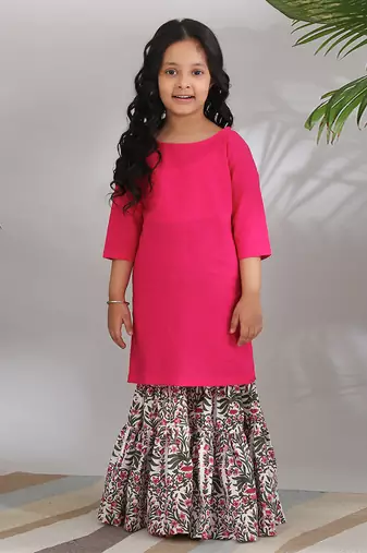 Pink cotton woven sharara set For girls