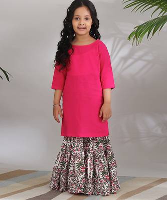 Pink cotton woven sharara set For girls 3