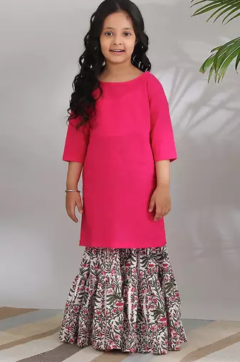 Pink cotton woven sharara set For girls