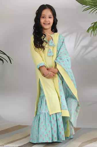 Yellow cotton woven girls sharara set