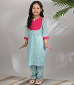 Blue cotton woven girls Kurta set