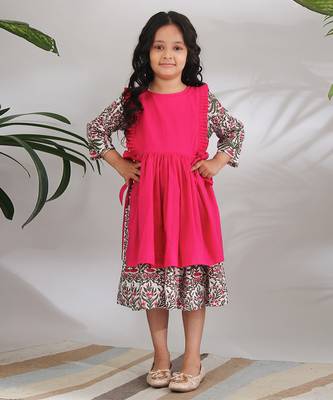 Pink cotton woven girls dress 1