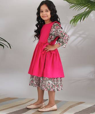 Pink cotton woven girls dress 2