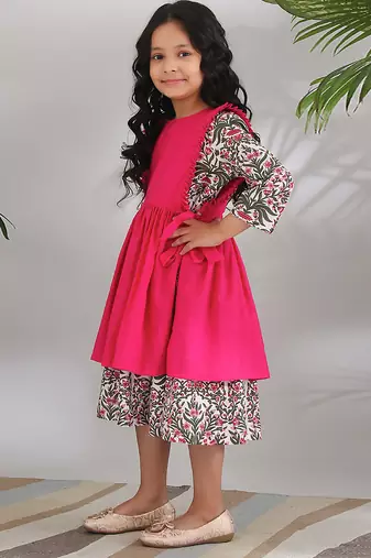 Pink cotton woven girls dress