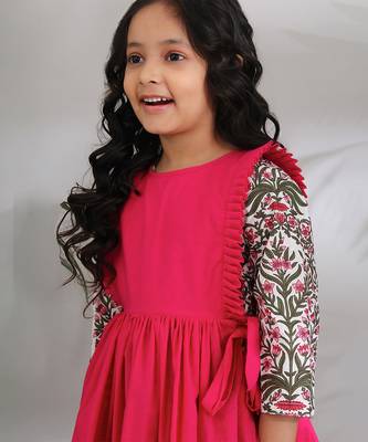 Pink cotton woven girls dress 3