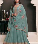 Sky embroidered art silk semi-anarkali suit