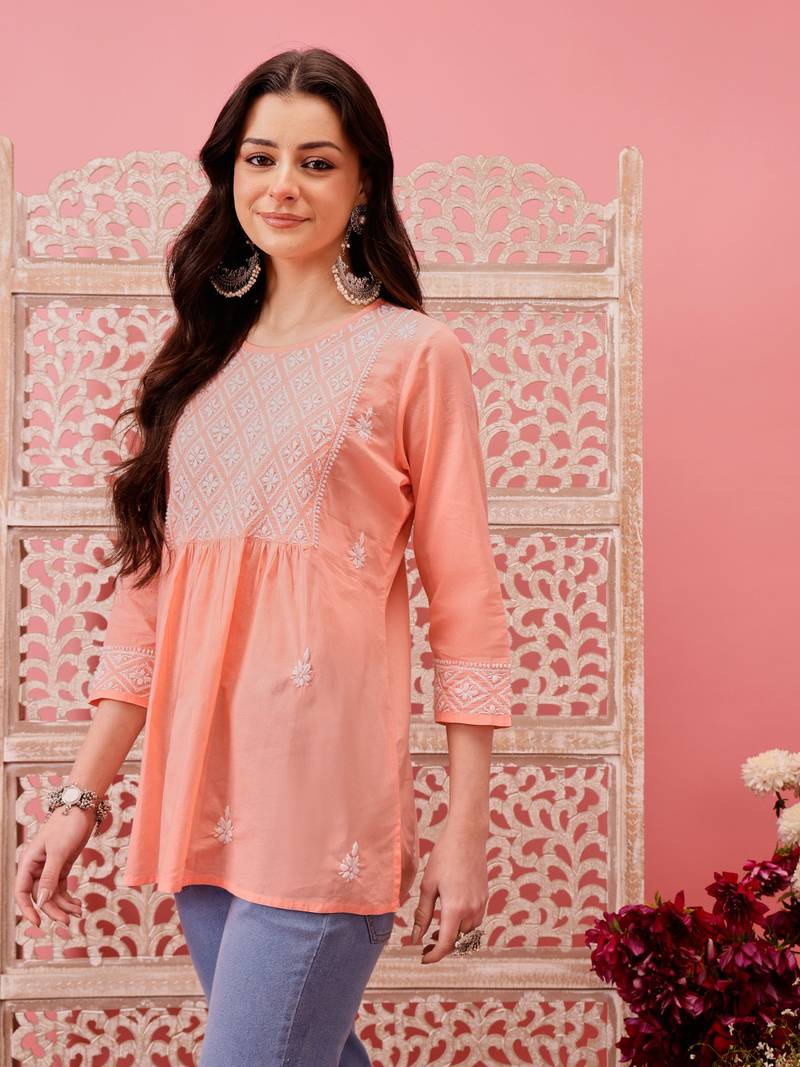Hand embroidered peach cotton lucknowi chikankari short kurti
