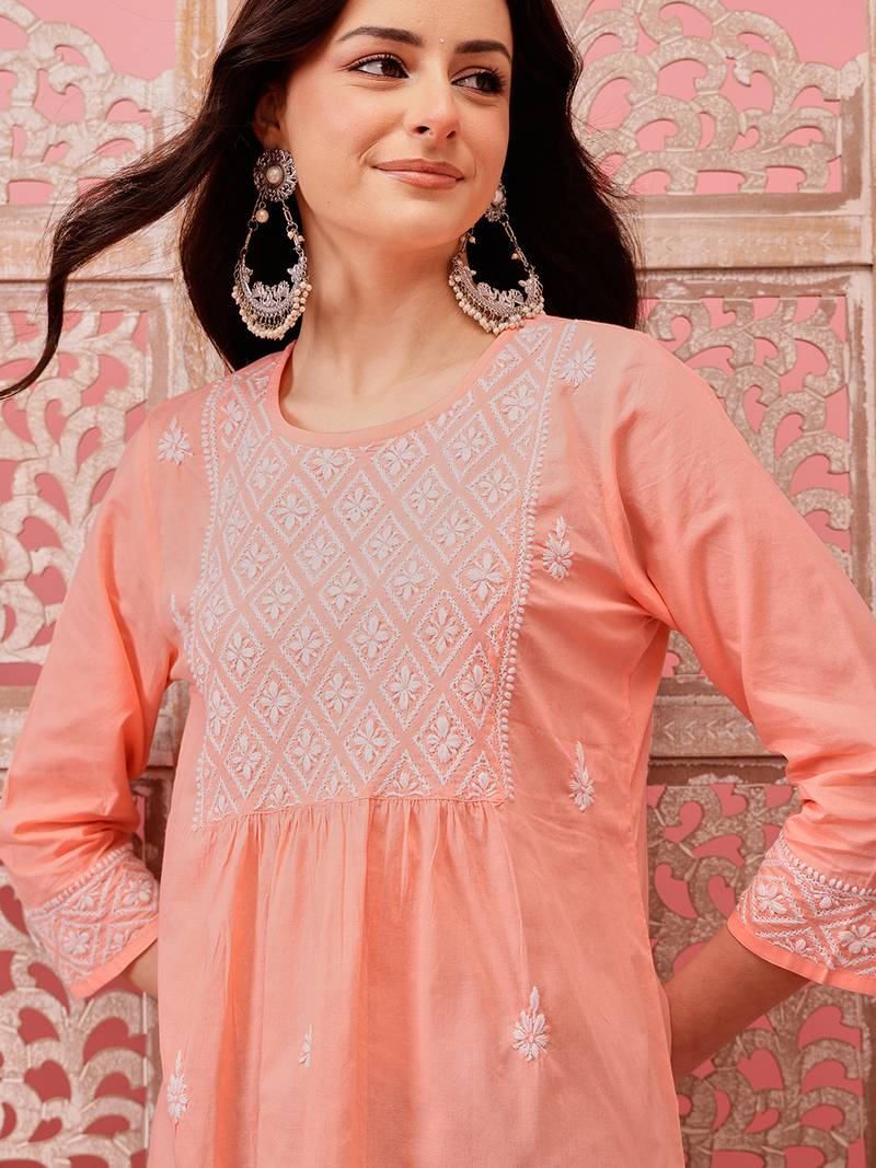 Hand embroidered peach cotton lucknowi chikankari short kurti