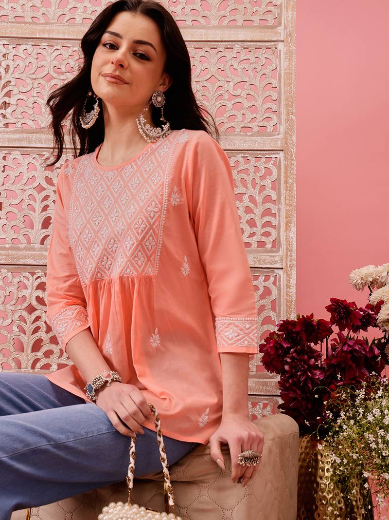 Hand embroidered peach cotton lucknowi chikankari short kurti