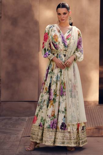 Off white embroidery, sequins & print work georgette gown suit - full stitched suit