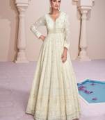 Off white embroidery & sequins work georgette gown suit - full stitched suit