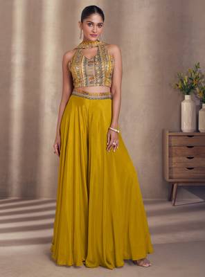 Mustard embroidery & sequins work chinnon silk blouse palazzo suit - full stitched suit 1