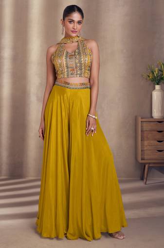Mustard embroidery & sequins work chinnon silk blouse palazzo suit - full stitched suit
