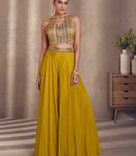Mustard embroidery & sequins work chinnon silk blouse palazzo suit - full stitched suit