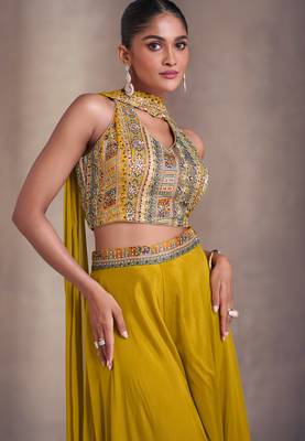 Mustard embroidery & sequins work chinnon silk blouse palazzo suit - full stitched suit 2