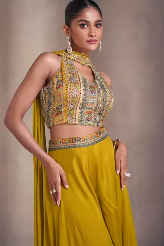 Mustard embroidery & sequins work chinnon silk blouse palazzo suit - full stitched suit