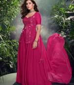 Pink embroidery & sequins work chinnon silk anarkali palazzo suit - full stitched suit