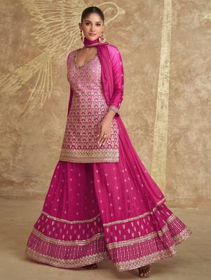 Pink embroidery & sequins work chinnon silk straight palazzo suit - full stitched suit 1