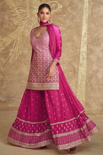 Pink embroidery & sequins work chinnon silk straight palazzo suit - full stitched suit