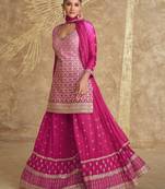 Pink embroidery & sequins work chinnon silk straight palazzo suit - full stitched suit