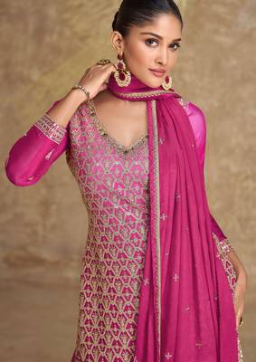 Pink embroidery & sequins work chinnon silk straight palazzo suit - full stitched suit 2