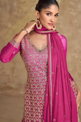 Pink embroidery & sequins work chinnon silk straight palazzo suit - full stitched suit