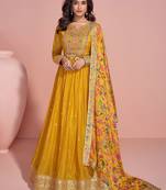 Mustard zari embroidery, sequins beads & dupatta printed work chinnon silk gowno suit - full stitched suit