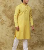 Yellow cotton striped kurta set for men
