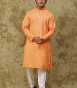 Orange cotton striped kurta set for men