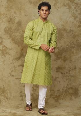 Green mehendi brick zigzag embroidered kurta set for men 1