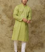 Green mehendi brick zigzag embroidered kurta set for men