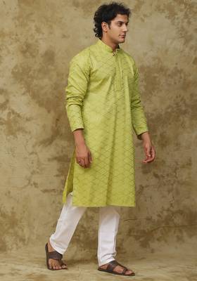 Green mehendi brick zigzag embroidered kurta set for men 3