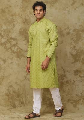 Green mehendi brick zigzag embroidered kurta set for men 4
