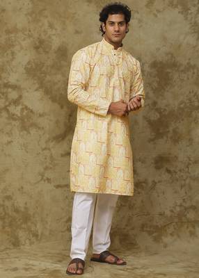Yellow mango khidki butta embroidered kurta set for men 1