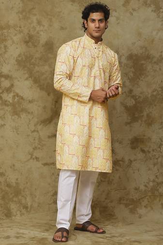 Yellow mango khidki butta embroidered kurta set for men