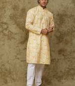 Yellow mango khidki butta embroidered kurta set for men