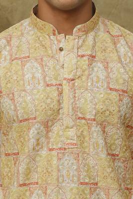Yellow mango khidki butta embroidered kurta set for men 2