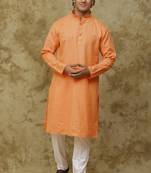 Orange checkered cotton kurta set for men