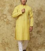 Yellow checkered cotton kurta set for men