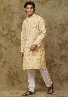 Yellow mango khidki butta embroidered kurta set for men 4