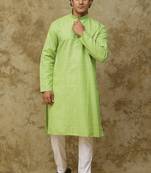 Green checkered cotton kurta set for men