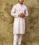 White & pink pink chikankari embroidered kurta set for men