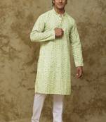 Lemon yellow yellow chikankari embroidered kurta set for men
