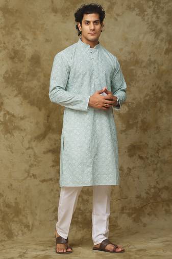 Light green green chikankari embroidered kurta set for men